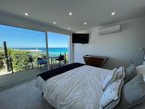une chambre avec un lit et une vue sur l'océan dans l'établissement PIEDS DANS l EAU A SANT AMBROGGIO, à Lumio