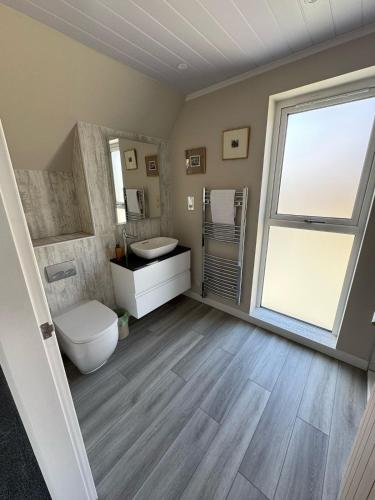 a bathroom with a toilet and a sink and a window at The Old Workshop in Portree