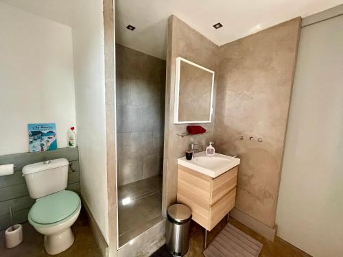 a small bathroom with a toilet and a sink at Le Mazet Chambre d'Hôtes in Mauguio