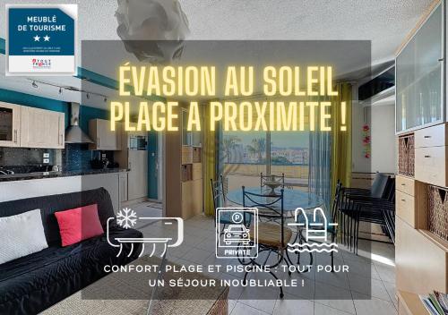 une image d'un salon avec une publicité pour un appartement dans l'établissement 4-room,garage,swimming pool,750 m from the beach., à Fréjus