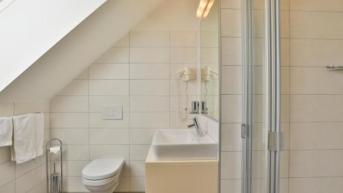 a bathroom with a shower and a toilet and a sink at Hotel Sparerhof in Vilpiano