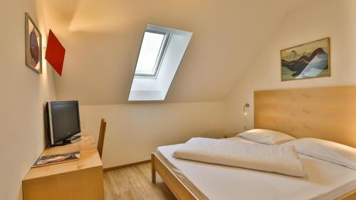 a bedroom with a bed with a television and a skylight at Hotel Sparerhof in Vilpiano