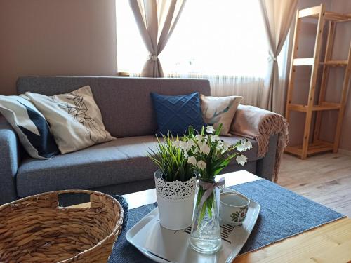 a living room with a couch and a table with flowers at Rodzinny zakątek - Noclegi w Bieszczadach - jacuzzi in Myczkowce