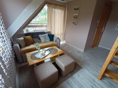 a living room with a couch and a table at Rodzinny zakątek - Noclegi w Bieszczadach - jacuzzi in Myczkowce