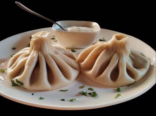 three dumplings on a plate with a bowl of dipping sauce at Areg Hotel in Yerevan