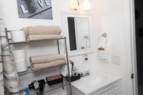 a bathroom with a sink and a mirror and towels at Cozy Private Entry Apt with a Full-Size Kitchen in Orlando