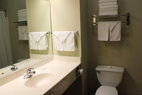 Un baño con lavabo, inodoro y espejo. en Coratel Inn and Suites by Jasper Wesley Hospital, en Wichita