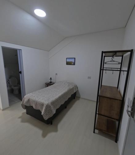a bedroom with a bed and a ladder in it at HAUSHostel in Vinhedo