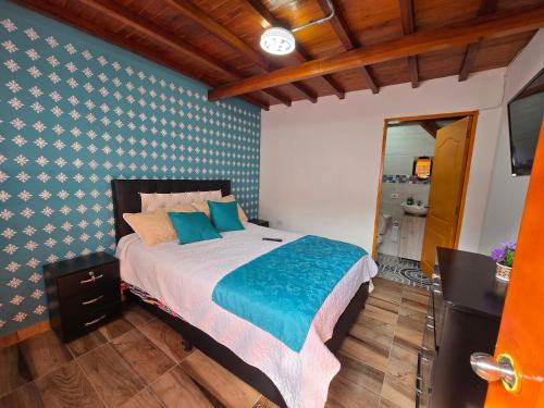 a bedroom with a bed and a mirror in it at Hostal la Divisa Salento in Arrayanal