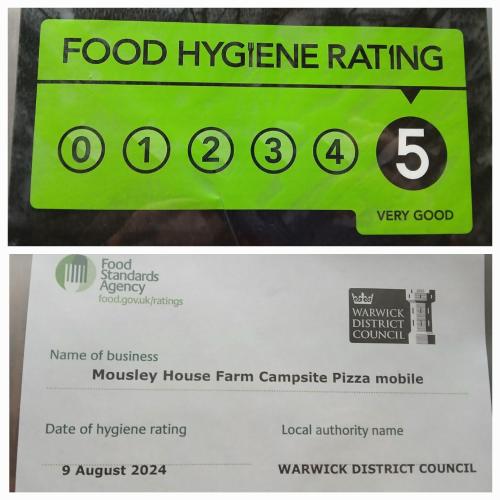 a screenshot of a food hygiene rating sign on a website at Mousley House Farm Campsite and Glamping in Warwick