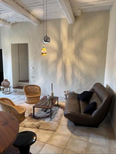 un salon avec un canapé en cuir et une table dans l'établissement Les canisses, à Eygalières