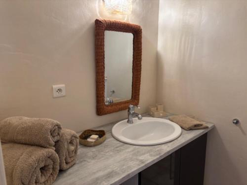 une salle de bain avec un lavabo et un miroir sur un comptoir dans l'établissement Les canisses, à Eygalières