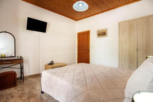 a bedroom with a bed and a dresser and a television at Anthoula's garden apartments in Perivolion