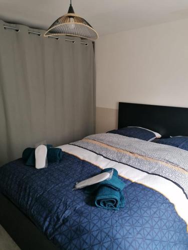 - une chambre avec 2 lits et un casque sur le lit dans l'établissement Appartement cosy avec terrasse, à Nantes