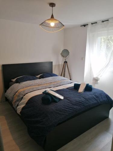 - une chambre avec un lit doté de deux télécommandes dans l'établissement Appartement cosy avec terrasse, à Nantes
