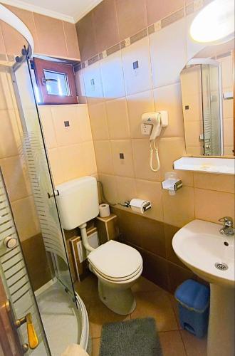 a small bathroom with a toilet and a sink at Pensiunea Roșu Litoral in Douăzeci şi Trei August