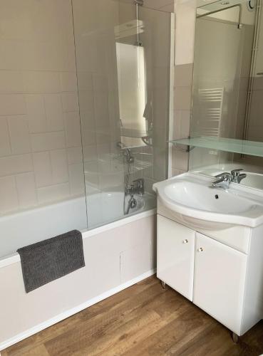 une salle de bain blanche avec un lavabo et une douche dans l'établissement Appartement La Foncière, à Saint-Lary-Soulan