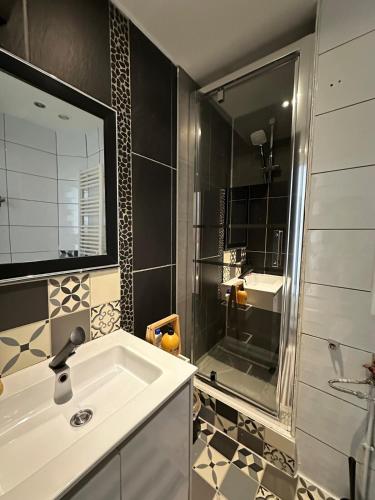 une salle de bain avec un lavabo et une douche dans l'établissement New apartment near Paris metro L13 Asnieres, à Asnières-sur-Seine