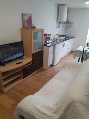 a kitchen with a tv on a wooden stand with a sink at T2 Ansião in Ancião