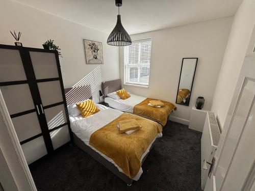 a bedroom with two beds and a mirror at Beautiful furnished 2 bed flat in Colchester