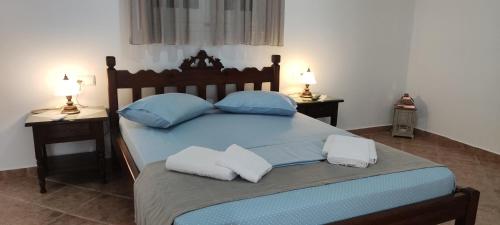 a bedroom with a blue bed with two pillows at Chrysiis House 2 in Maltezana