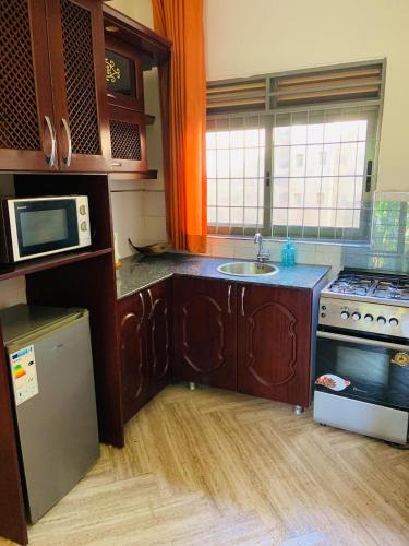a kitchen with a sink and a microwave at Pleasant Places in Kabubu