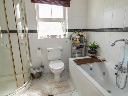 a bathroom with a toilet and a tub and a window at Donagh Cross Town House in Carndonagh