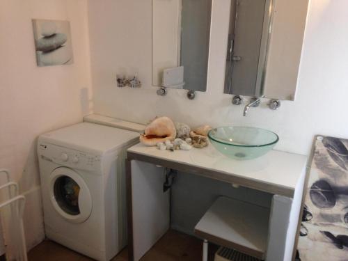 - une buanderie avec un lave-linge et un évier dans l'établissement Surf House avec jardin dans quartier de Standing entre mer et vignes, à Saint-Cyr-sur-Mer
