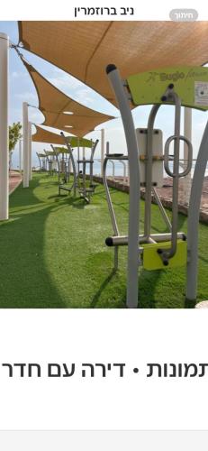 a row of tables and chairs sitting on the grass at שחף ברוזמרין in Eilat