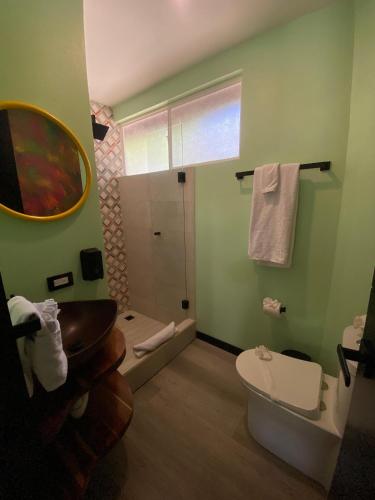 a bathroom with a sink and a toilet and a mirror at Parti Gras Hotel & Villas en Playa Potrero in Potrero
