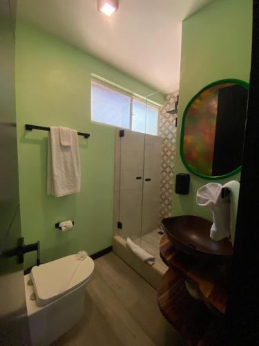 a green bathroom with a toilet and a shower at Parti Gras Hotel & Villas en Playa Potrero in Potrero