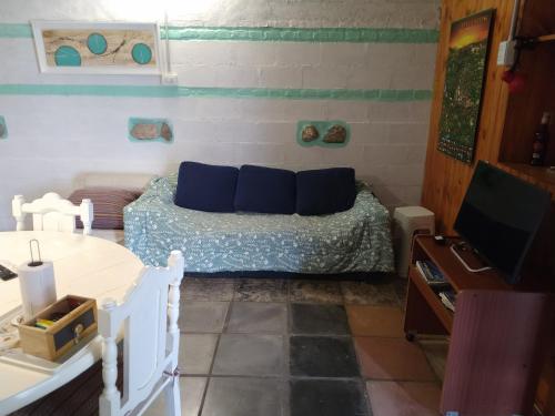 a room with a bed with blue pillows and a tv at ALOJAMIENTO SERRANO in Villa Giardino