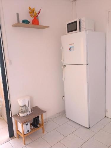 a white refrigerator in a kitchen with a microwave on top at Nid d'Aigle Tropical in Rivière-Salée