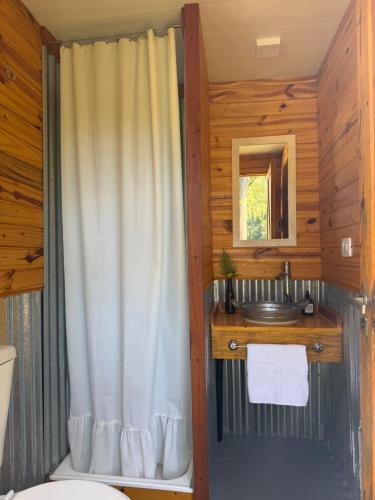 a bathroom with a shower curtain and a sink at Glamping casa blanca in Campana