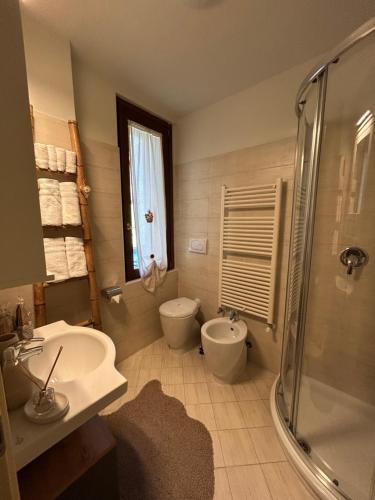 a bathroom with a sink and a toilet and a shower at Maison Du Coeur Champoluc - Spa, Gym e aree relax in Champoluc