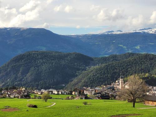 a town in a green field with mountains in the background at Unterstandroahof in Kastelruth