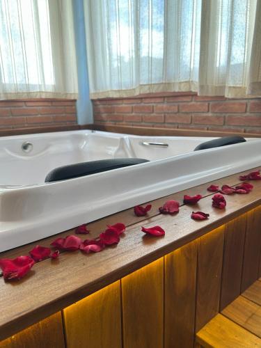 a bath tub with red rose petals on a counter at Chalés Amantes da Montanha - Visconde de Mauá in Bocaina de Minas