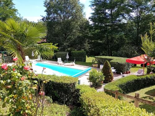 einen Pool in einem Garten mit Büschen und Bäumen in der Unterkunft Chambres d'hôtes Le Pygargue in Sarlat-la-Canéda