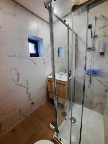 a bathroom with a shower and a sink at Burguesinha AL Entre-os-Rios in Entre-os-Rios