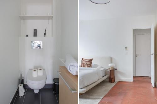 - deux photos d'une chambre avec un lit et un lavabo dans l'établissement Appartement climatisé 1BR Triangle d'Or, à Paris