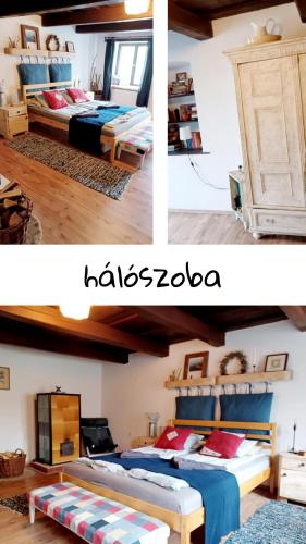 2 fotos de un dormitorio con 2 camas en una habitación en MARaBU Vendégház, en Balatonberény