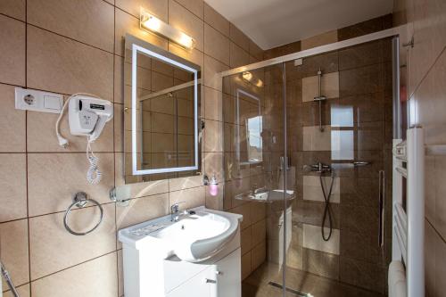 a bathroom with a sink and a shower at Pensiunea Nobila in Beclean
