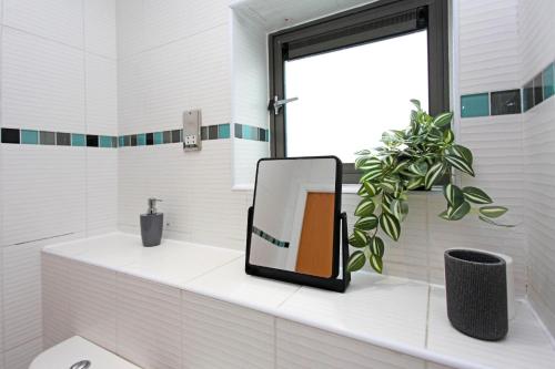 a mirror sitting on a counter in a bathroom at Albion Street Apartments in Wolverhampton