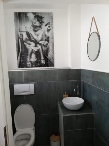 une salle de bain avec toilettes, lavabo et miroir dans l'établissement Le Cocon de l'Île, à Dalhunden