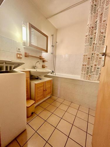 une petite salle de bain avec un lavabo et une baignoire dans l'établissement Les chênes Rouges 4/p, à Gérardmer