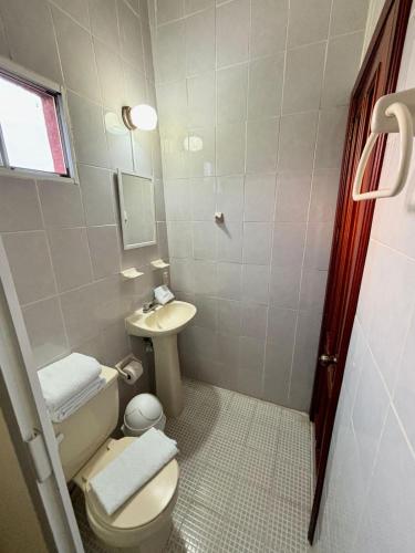 a small bathroom with a toilet and a sink at Hotel Casa Blanca in Tlacotalpan