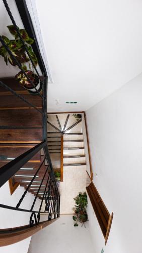 a spiral staircase in a house with plants at ApartaHotel Margaritas de la Villa VDL in Villa de Leyva