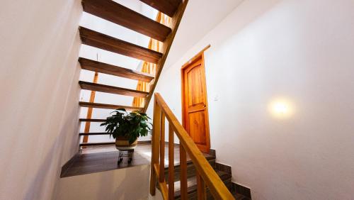 a staircase with a wooden door and a potted plant at ApartaHotel Margaritas de la Villa VDL in Villa de Leyva