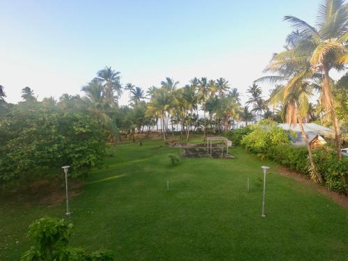 a park with green grass and palm trees in a field at Appartement F3 accès plage Montjoly Roches Compas in Montjoly