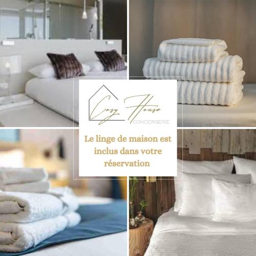 un collage d'images d'un lit et de serviettes dans l'établissement Studio - Le nid Provençal - Cadarache - Proche Lac, à Peyrolles-en-Provence